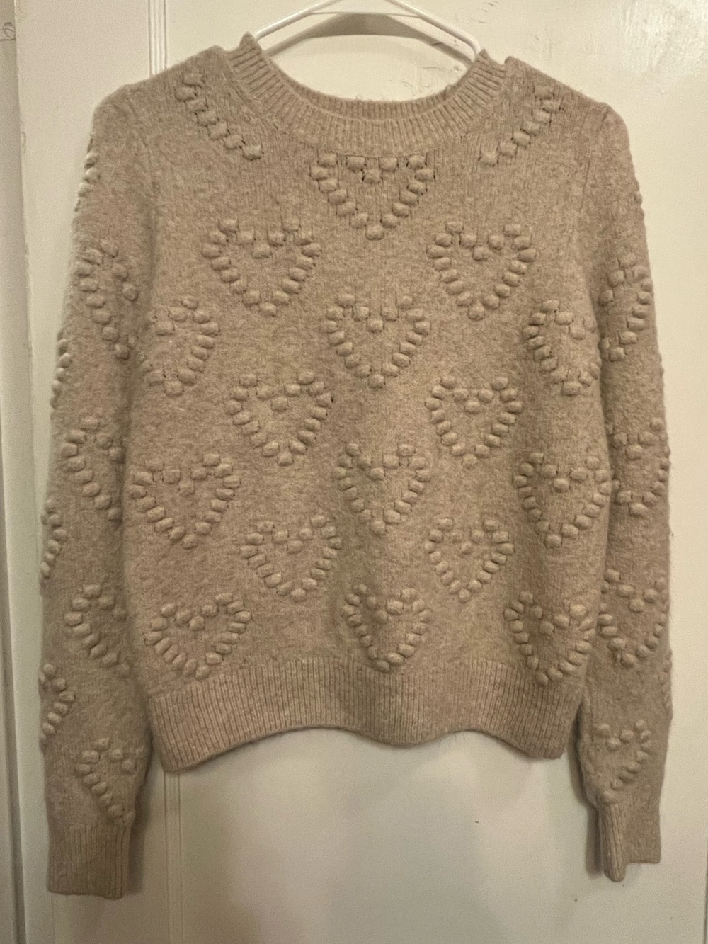 H&M Oatmeal Beige Bobble Knit Popcorn Heart Crewneck Sweater - Size XS